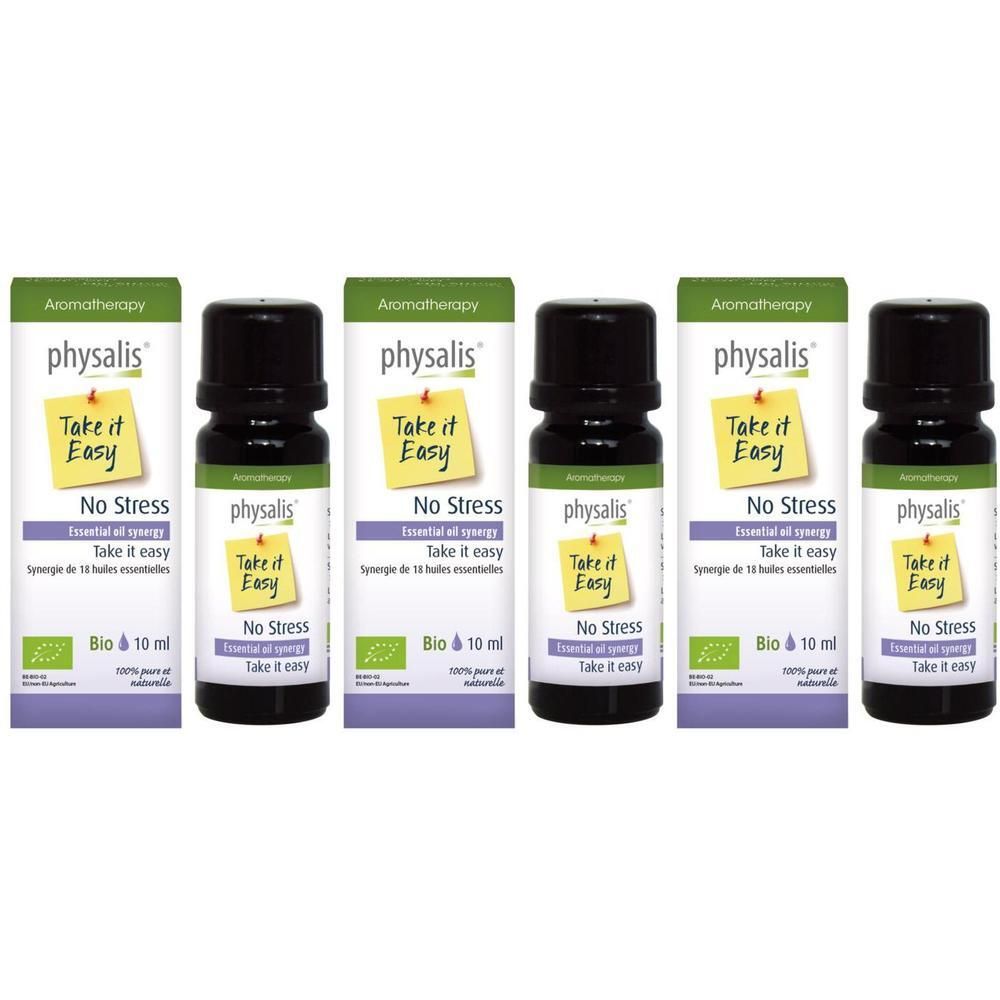 Cinq flacons d'huile essentielle "No Stress" de Physalis, 10 ml.