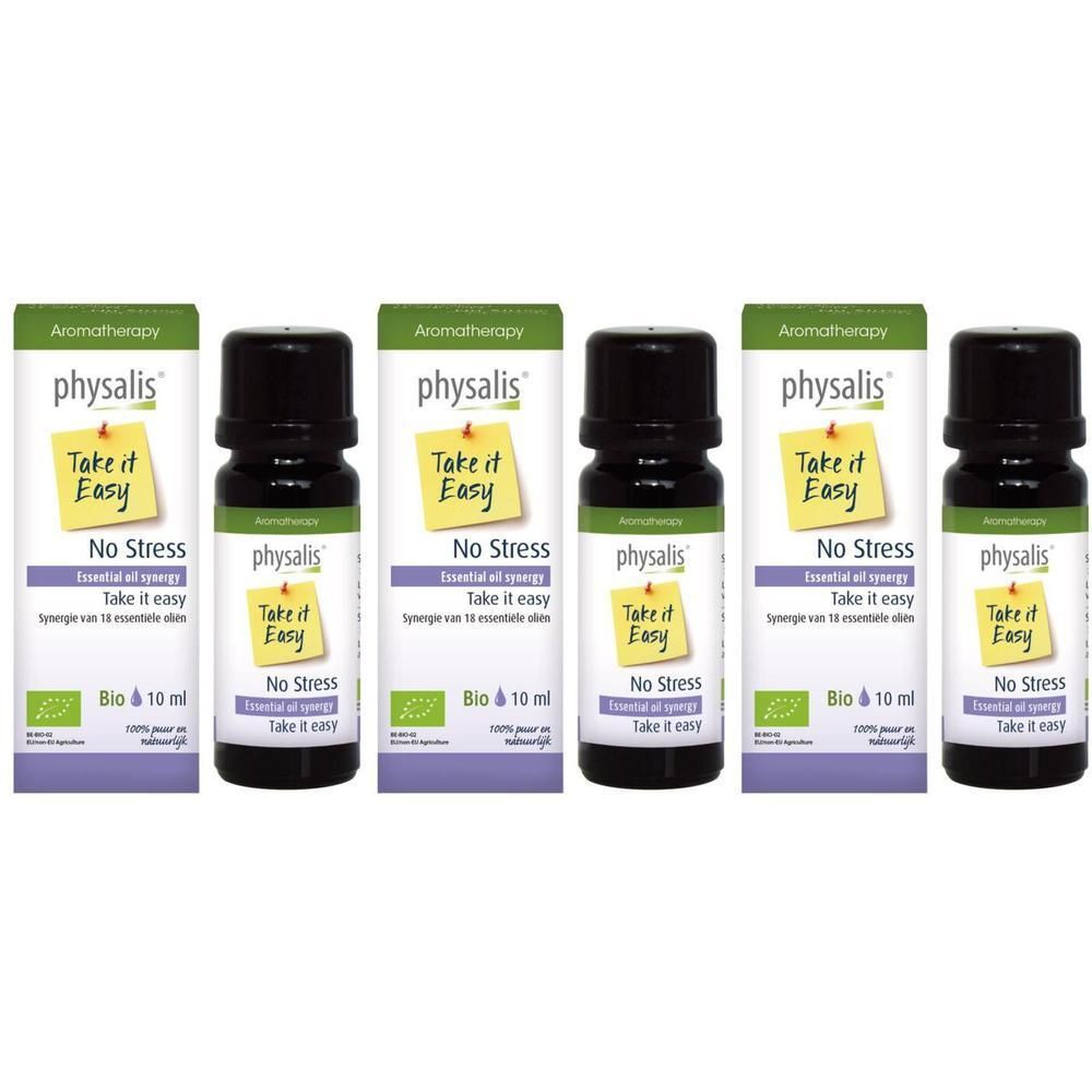 Vijf flesjes etherische olie "No Stress" van Physalis, 10 ml.