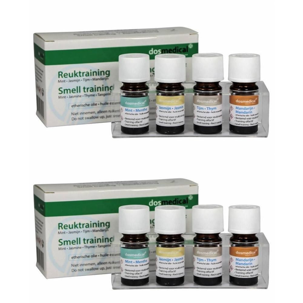Set Dos Medical Reuktraining : Quatre petits flacons d'huiles essentielles pour l'entraînement olfactif. Avec étiquettes.