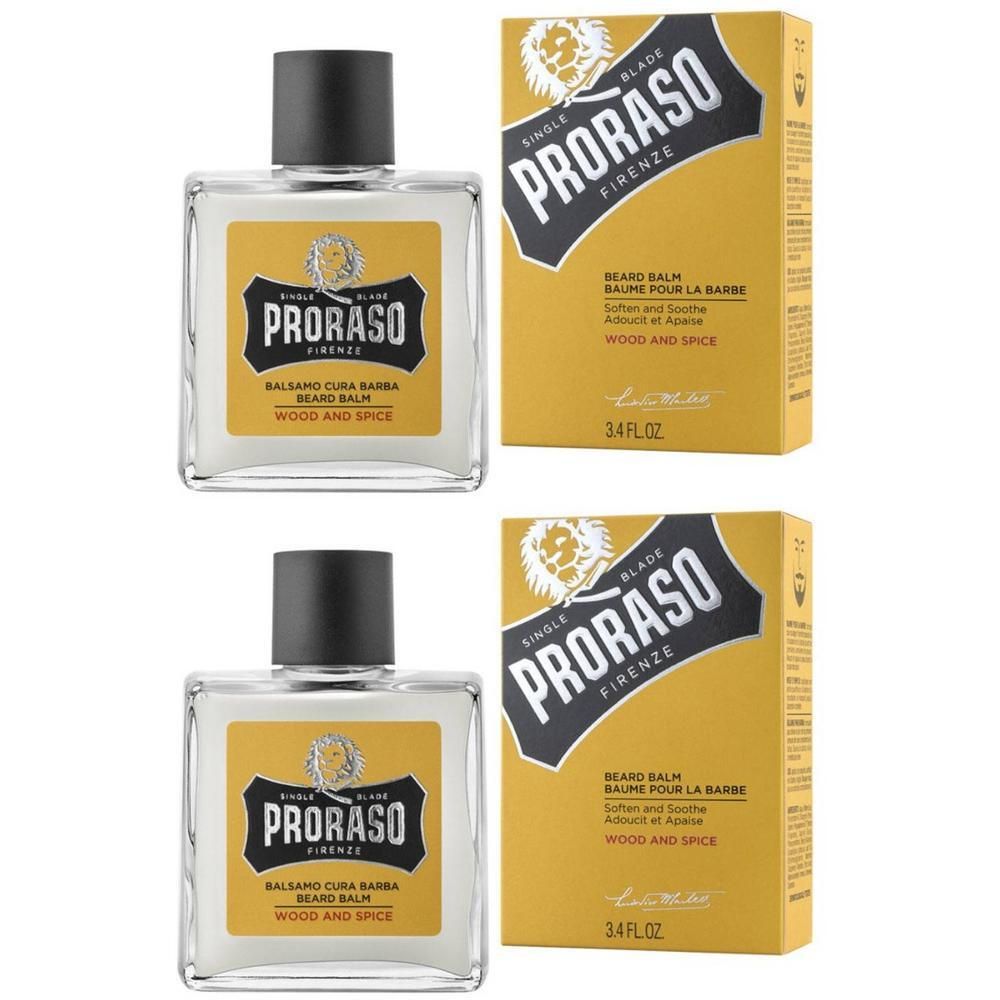 Twee flessen Proraso Baardbalsem Wood & Spice en twee doosjes.