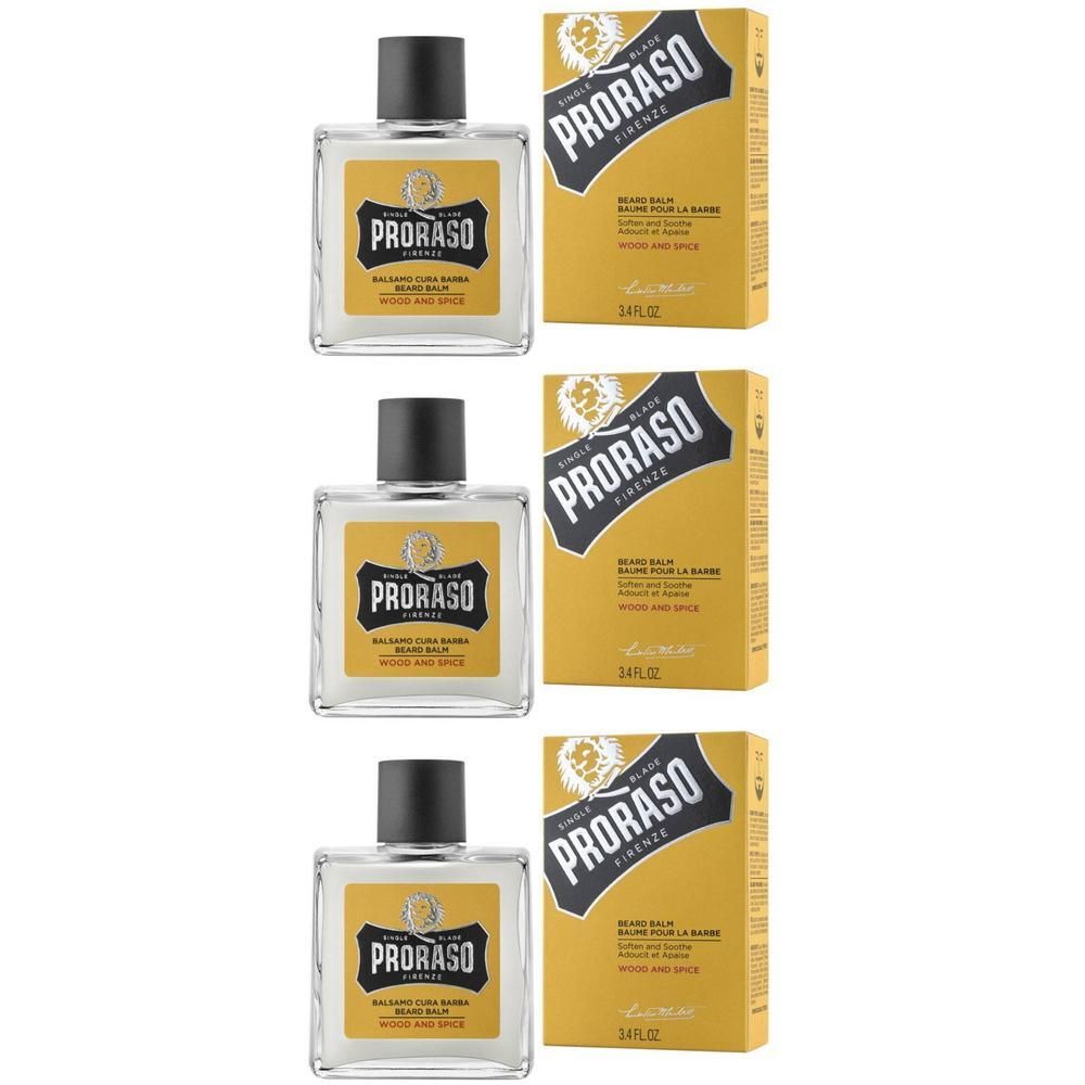 Trois flacons de Baume pour la Barbe Proraso Wood & Spice avec emballage.