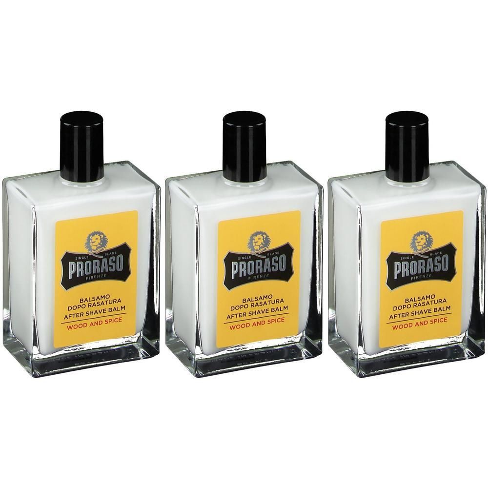 Drie flessen Proraso Hout en Kruiden aftershave balsem met geel etiket en zwarte dop.
