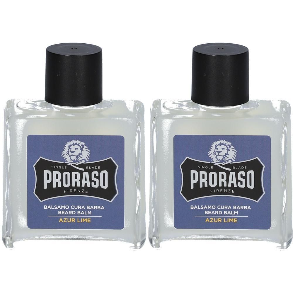 Deux flacons de Baume pour la Barbe Azur Lime Proraso, bouchon noir, étiquette bleue.