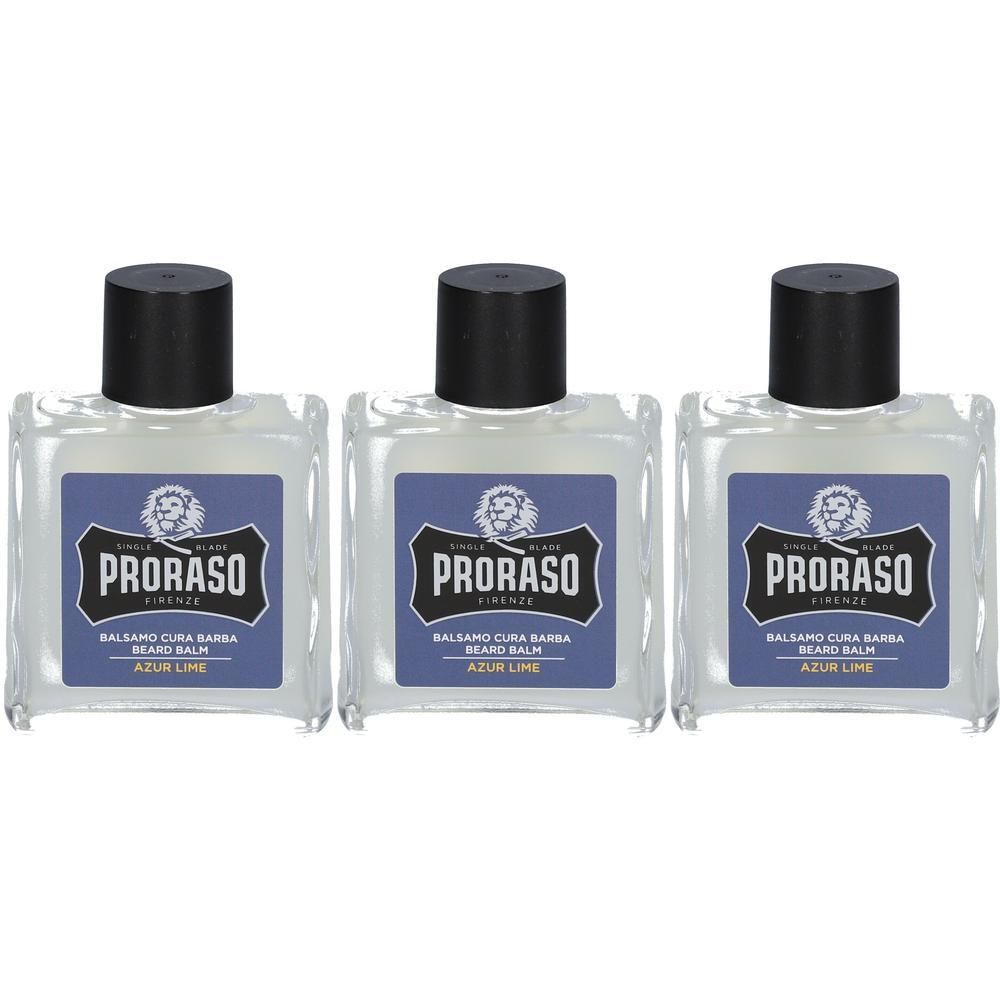 Drie flessen Proraso Baardbalsem Azur Lime met zwarte doppen en blauwe labels.