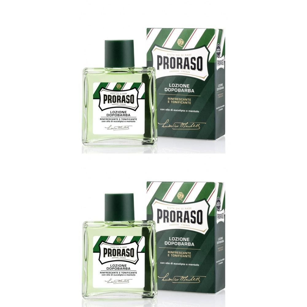 Lotion après-rasage Proraso en flacon de verre avec étiquette verte et bouchon foncé. Boîte d'emballage à côté.