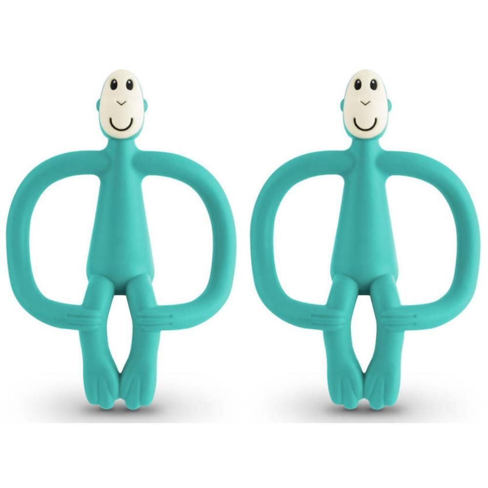 Twee turkooizen bijtringen in apenvorm met witte gezichten en zwarte ogen en mond.