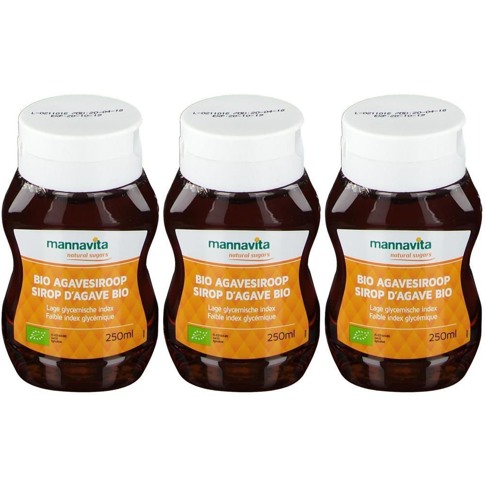 Drie flessen biologische agavesiroop van Mannavita, elk 250ml.