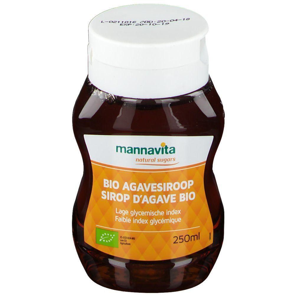 Sirop d'agave bio dans une bouteille brune avec bouchon blanc. Comprend un label bio et une indication de 250ml.
