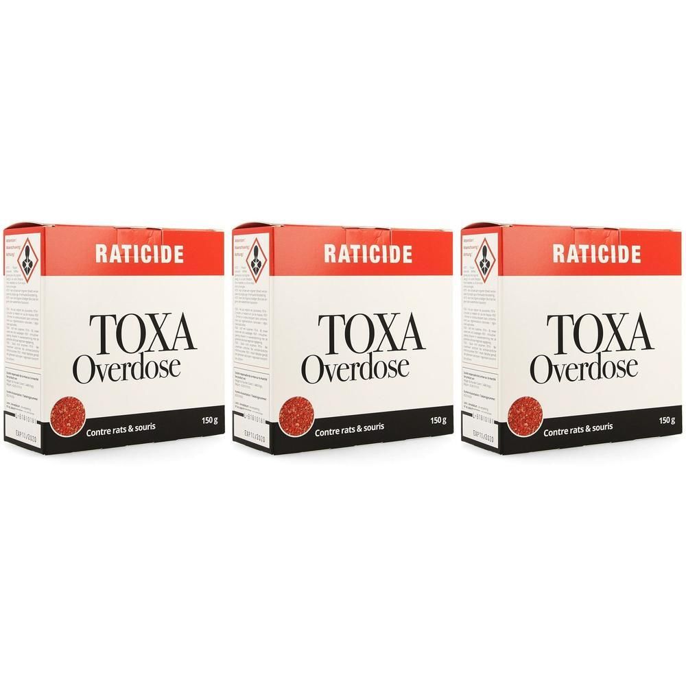 Trois boîtes de Toxa Overdose Raticide, 150g. Raticide contre rats et souris.