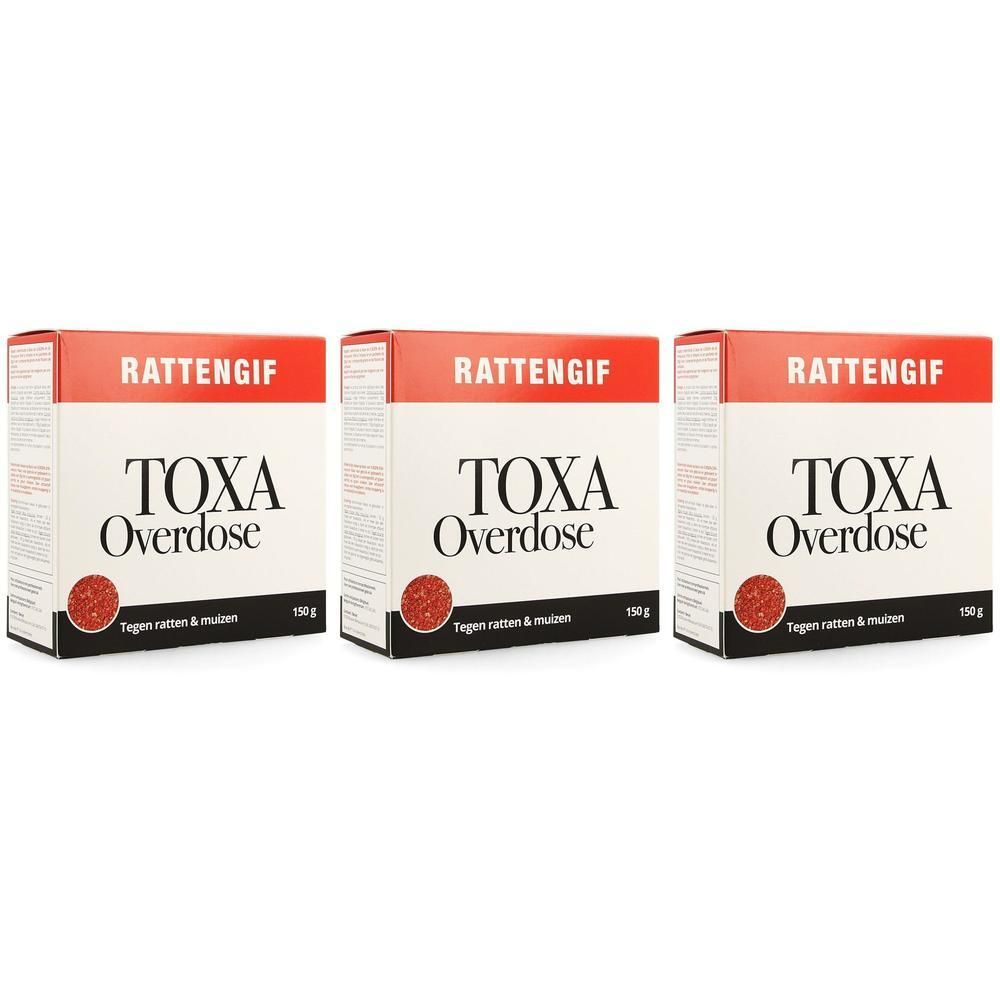 Drie verpakkingen Toxa Overdose Rattengif, 150g. Rattengif tegen ratten en muizen.