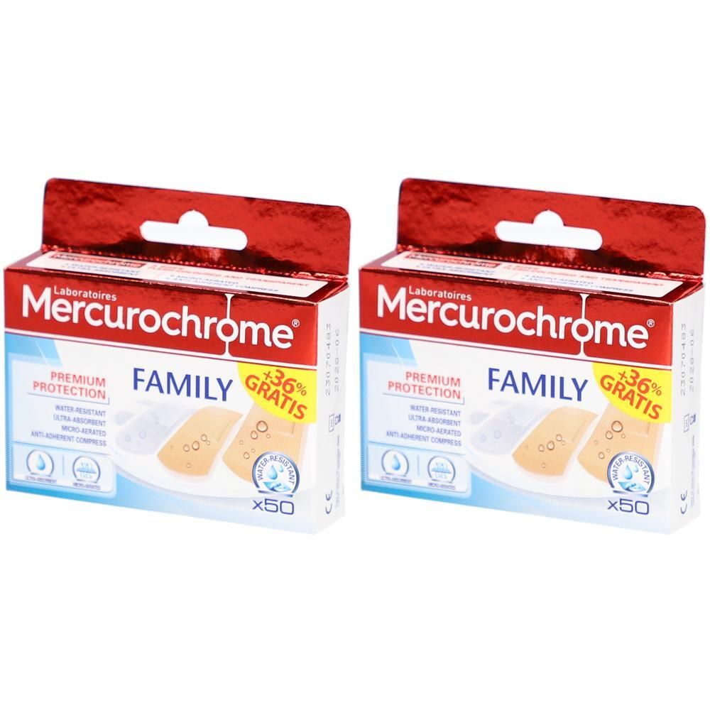 Twee pakken Mercurochrome Family pleisters, 50 stuks per stuk. Premium bescherming, waterbestendig.