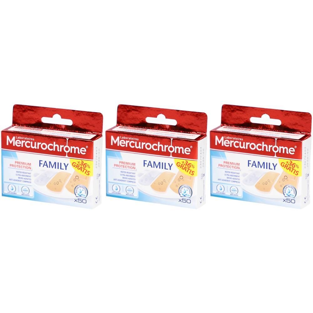 Drie pakken Mercurochrome Family pleisters met premium bescherming. Elk pak bevat 50 pleisters.