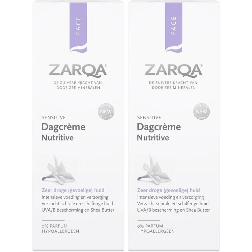 Twee verpakkingen ZARQA Sensitive Dagcrème Nutritive met "NEW"-sticker en bloemafbeelding.