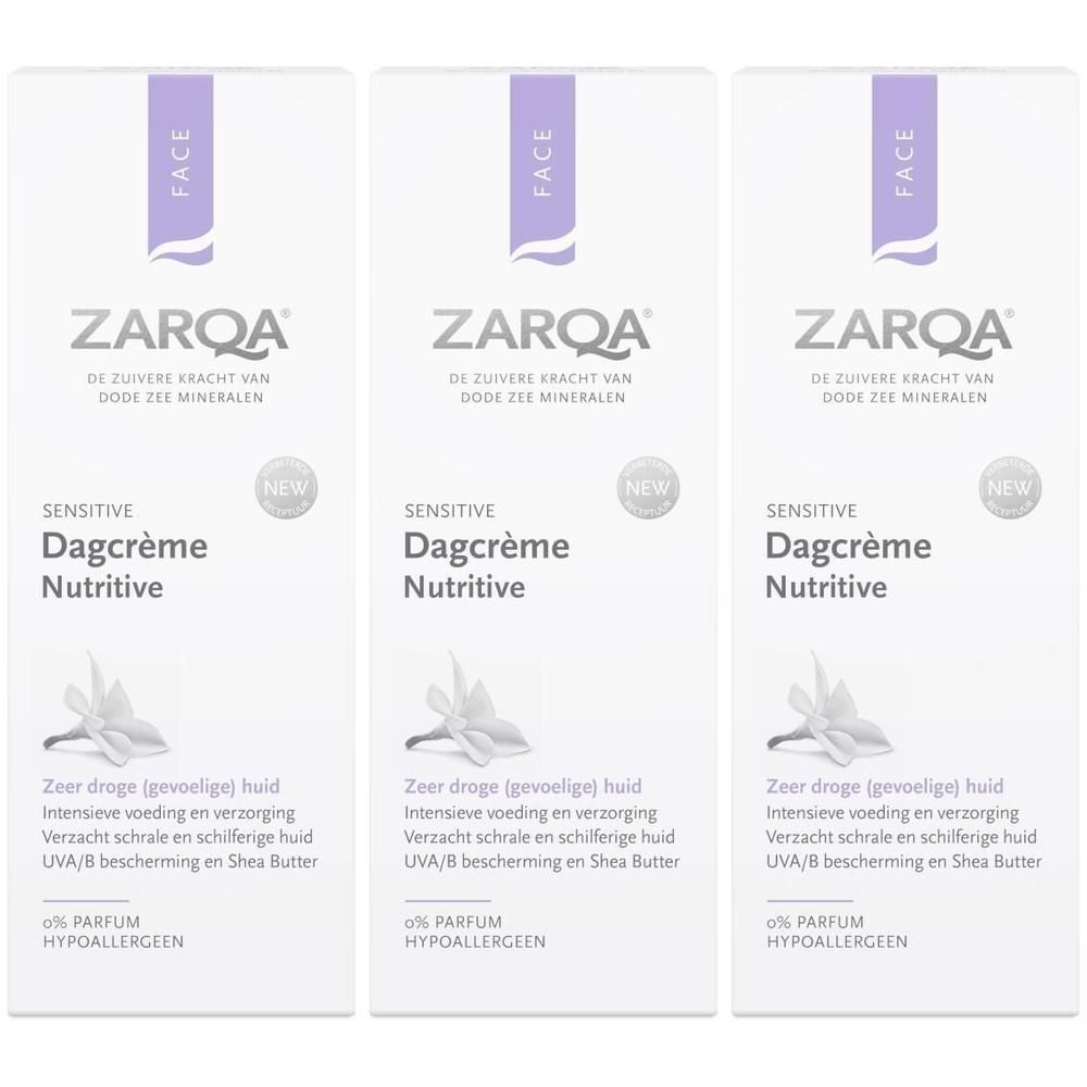 Drie verpakkingen ZARQA Sensitive Dagcrème met blauwe bloem en tekst. Hypoallergeen.