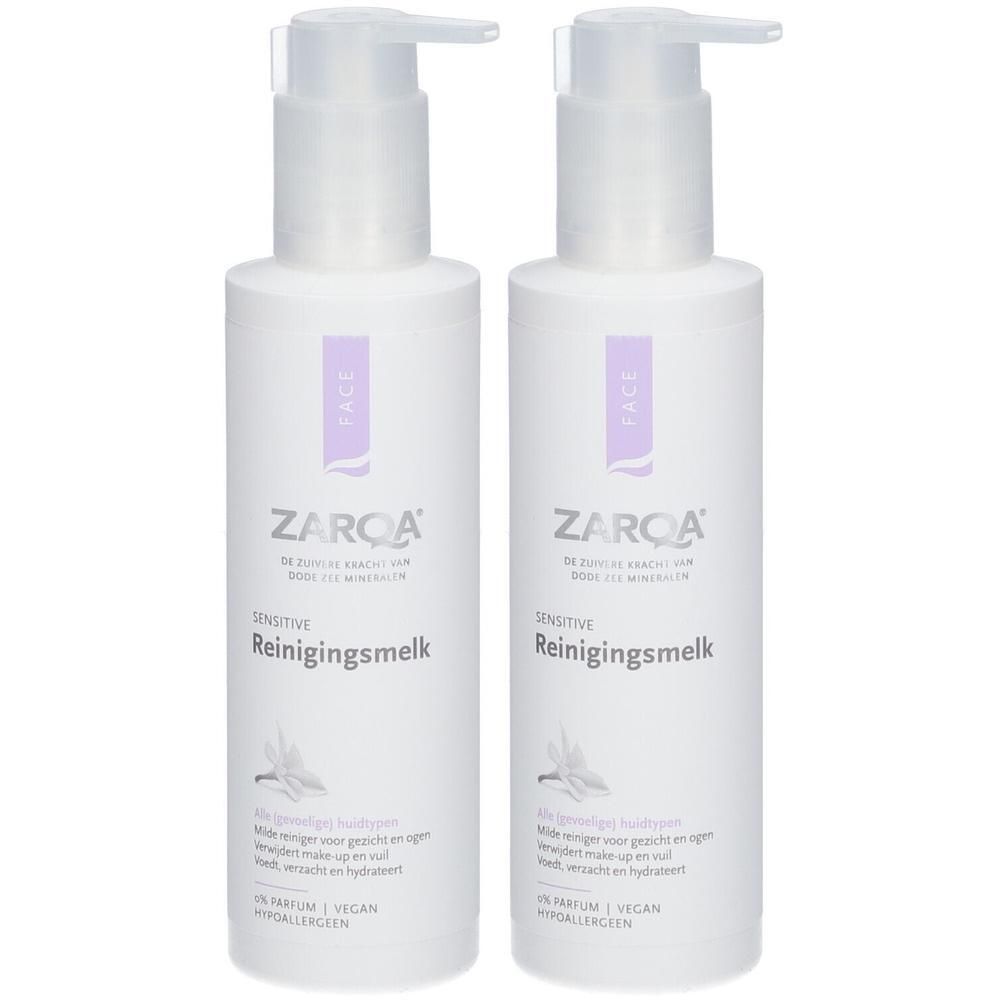 Twee Zarqa® Sensitive Reinigingsmelk pompflesjes.