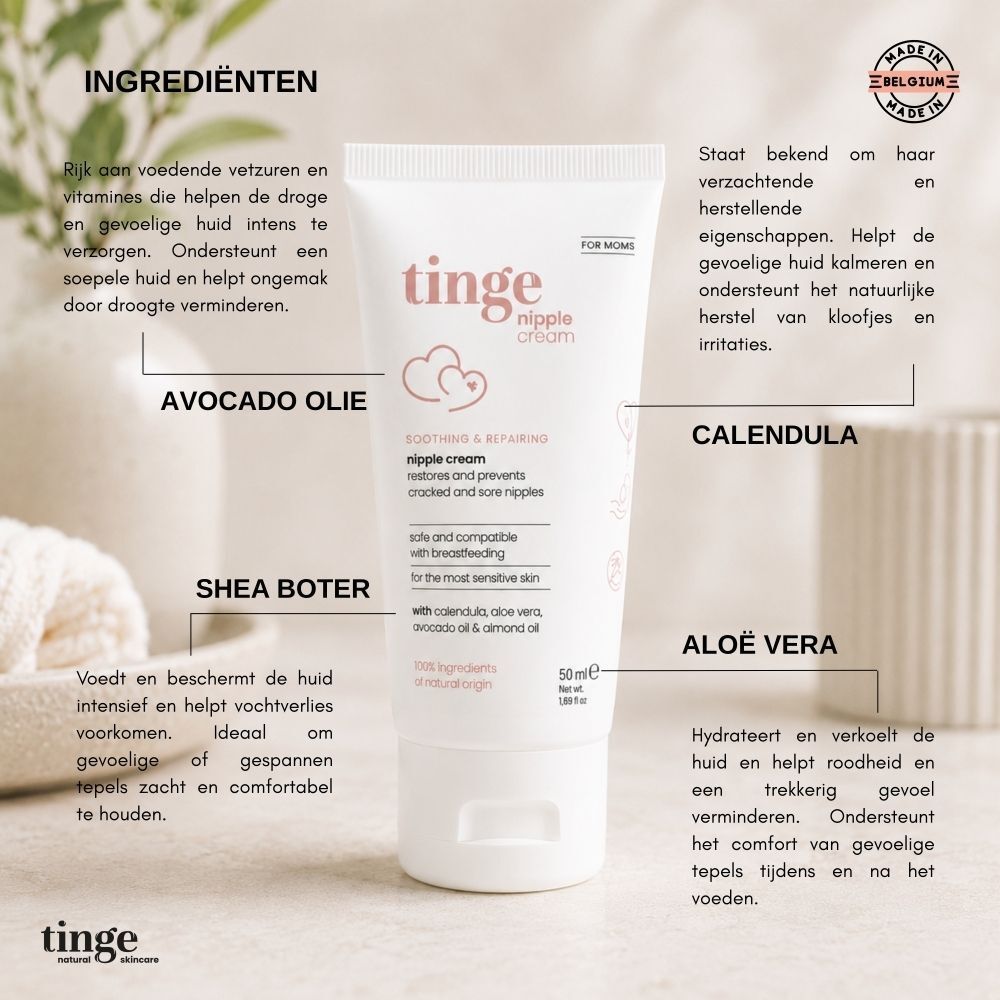 Een tube tepelcrème van Tinge met Nederlandse tekst die ingrediënten zoals avocado-olie benadrukt.