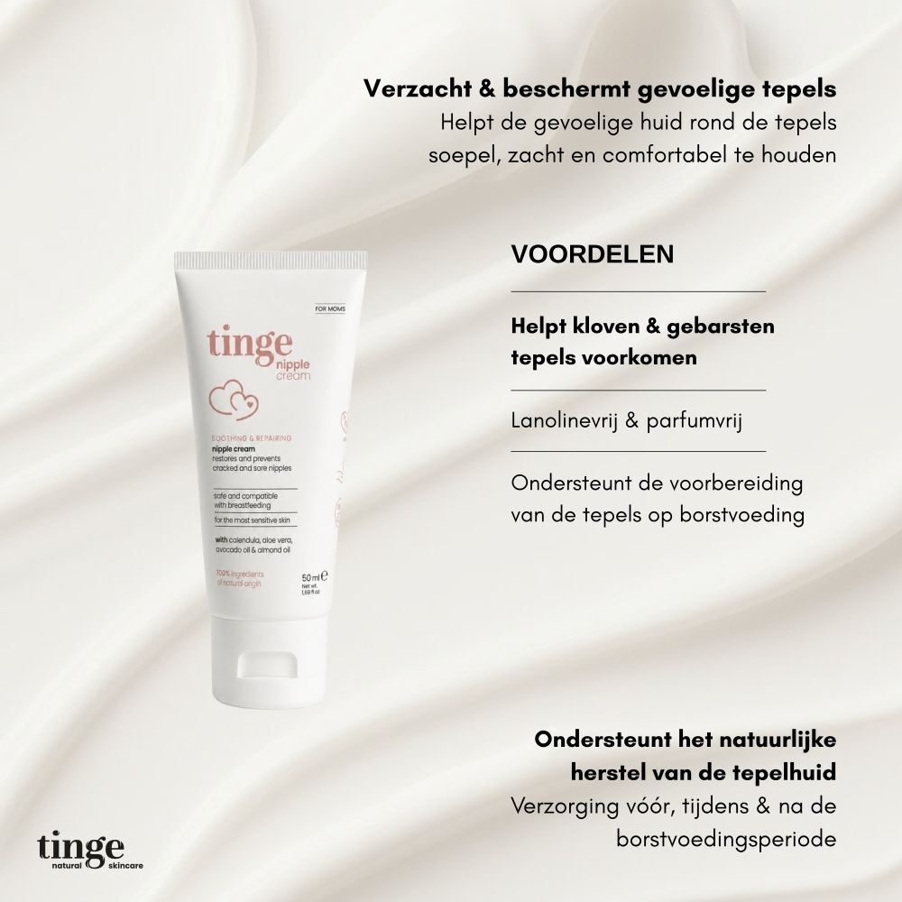 Een tube tepelcrème van Tinge met Nederlandse tekst die voordelen zoals lanolinevrij opsomt.
