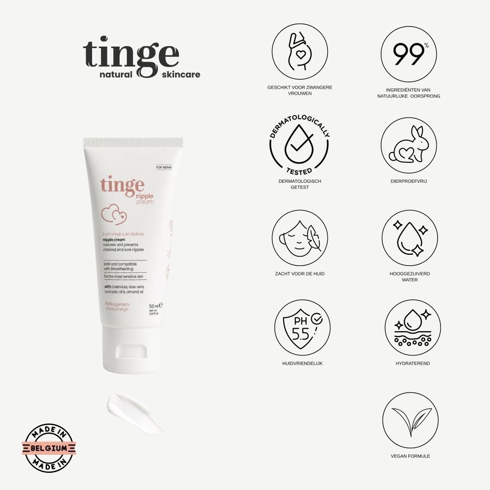 Een tube tepelcrème van Tinge met Nederlandse tekst en diverse iconen die kenmerken weergeven.