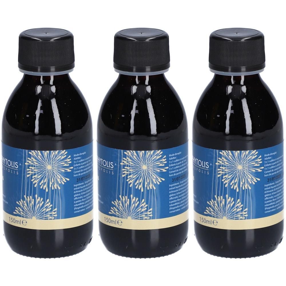 Trois flacons en verre foncé avec bouchon à vis noir, contenant un liquide sombre. Étiquettes bleues avec texte blanc et motif stylisé de pissenlit. 150ml.
