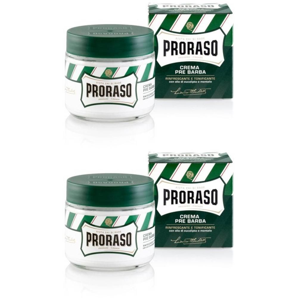 Twee potten Proraso pre-shave crème met verpakking. Groene en witte strepen.