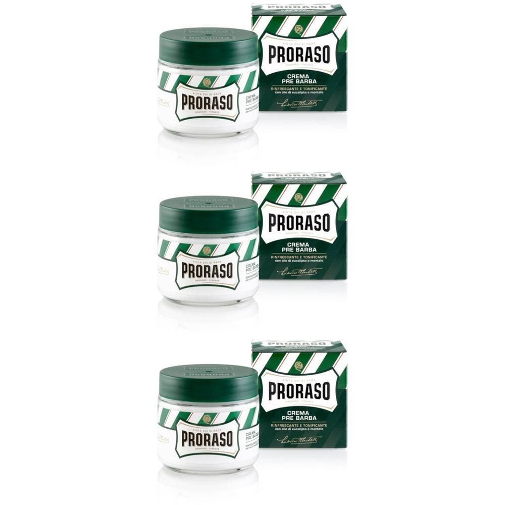 Drie Proraso Pre-Shave crème potjes met verpakking. Witte potjes met groene deksels en etiketten.