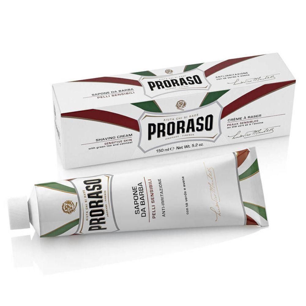 Tube et boîte de crème à raser Proraso pour peaux sensibles.