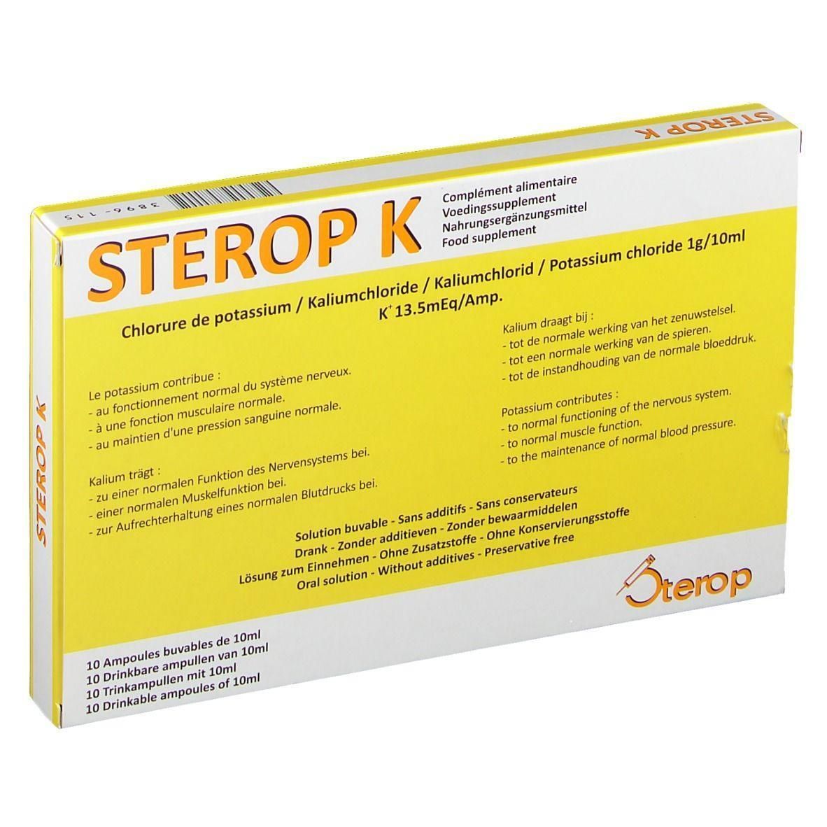 Boîte Sterop K de 10 ampoules buvables de 10ml, chlorure de potassium 1g/10ml.