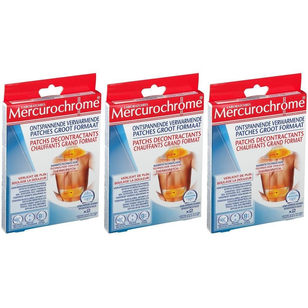 Trois boîtes de Patchs Décontractants Chauffants Mercurochrome, grand format. Chaque boîte contient 2 patchs.