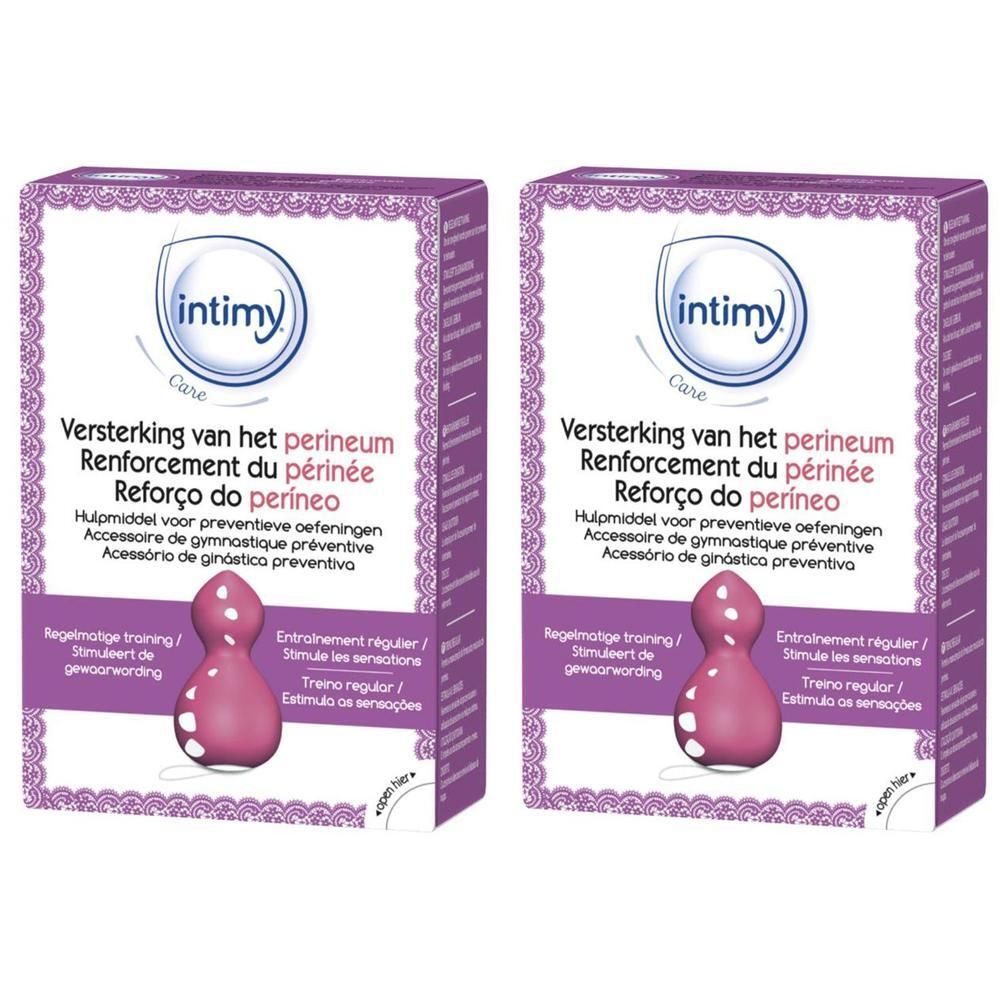 Deux paquets d'accessoire de rééducation du périnée Intimy Care. Dispositif d'entraînement rose en forme de goutte avec des points.