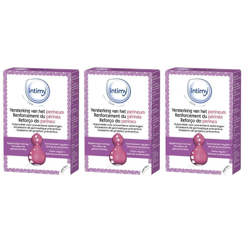 Trois boîtes Intimy Care montrant un accessoire de rééducation du périnée violet en forme de sablier.