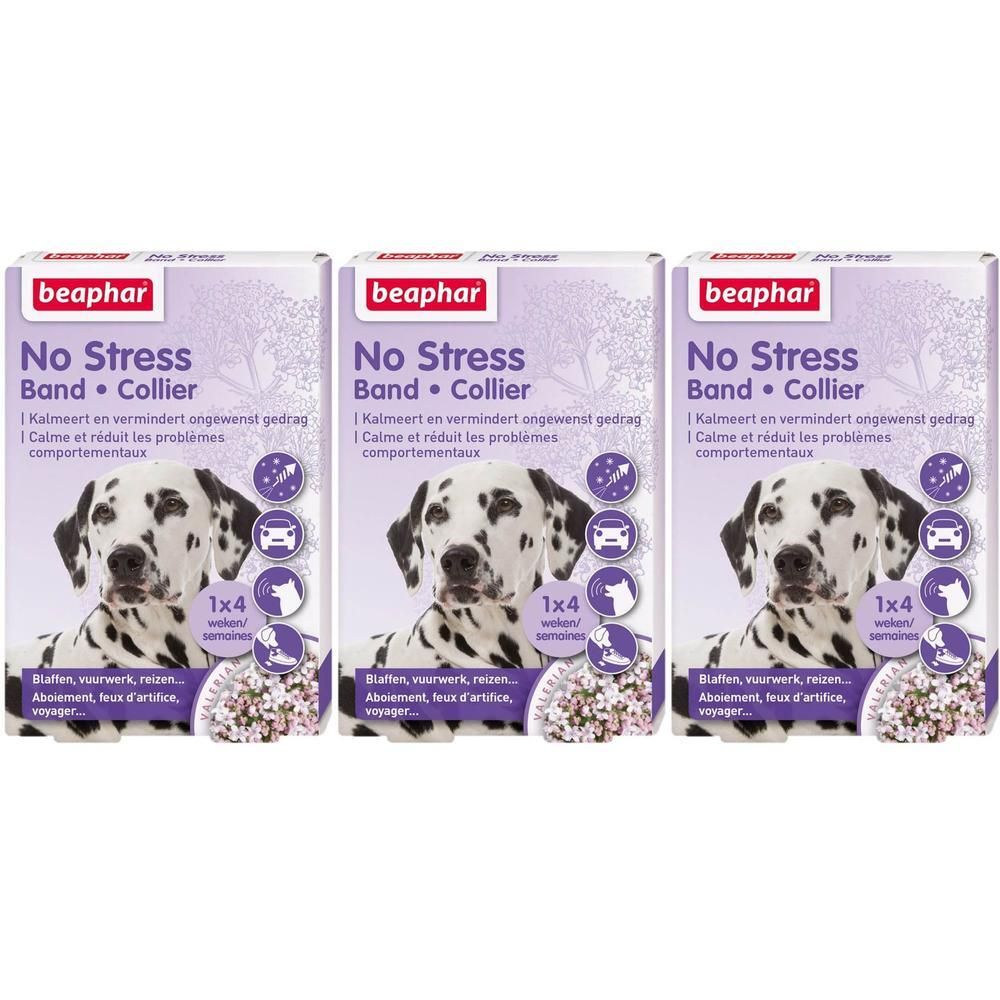 Drie verpakkingen Beaphar No Stress Band voor honden, met Dalmatiër afbeelding. Elke verpakking bevat 1 band voor 4 weken.