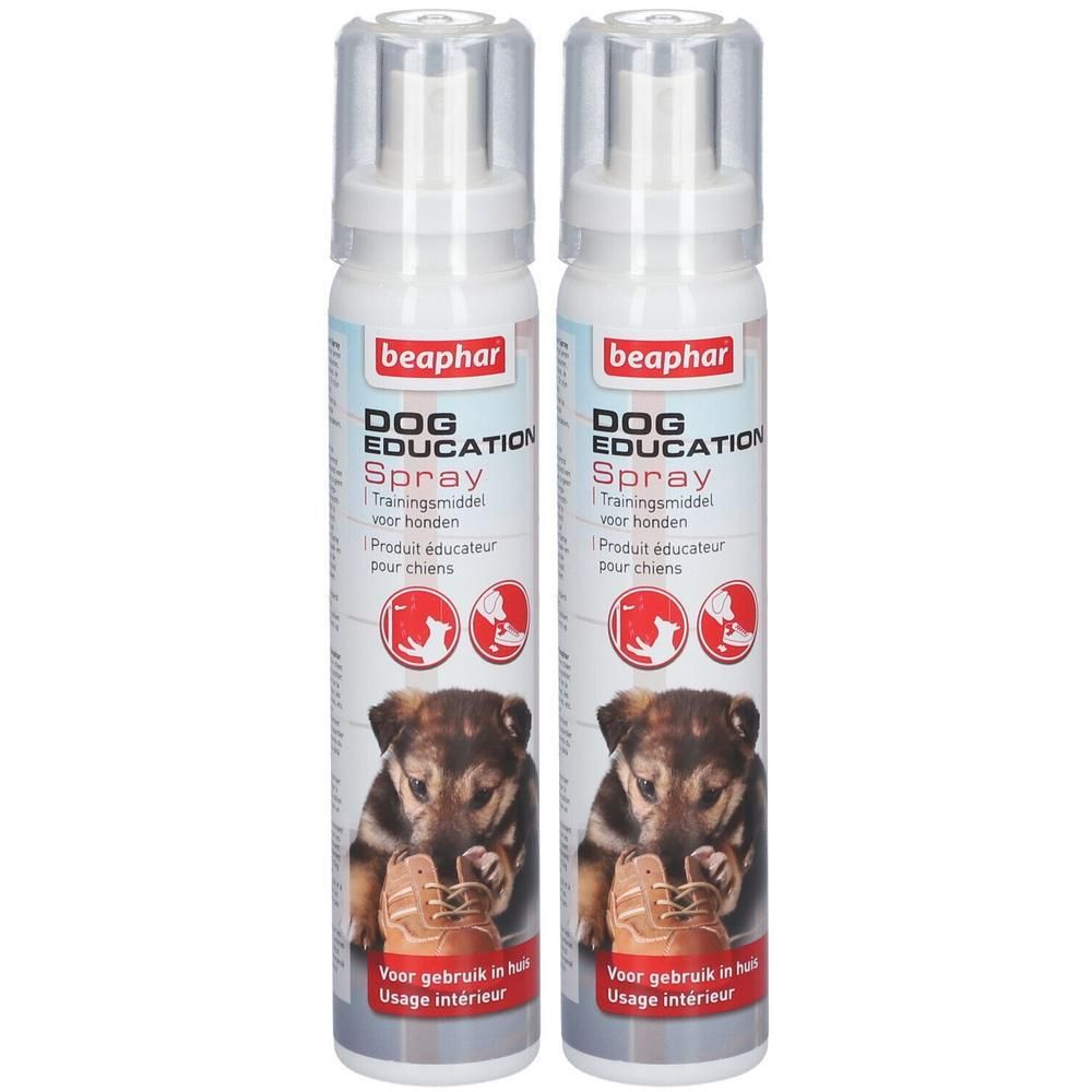 Twee Beaphar Dog Education sprays met afbeeldingen van honden en schoenen.