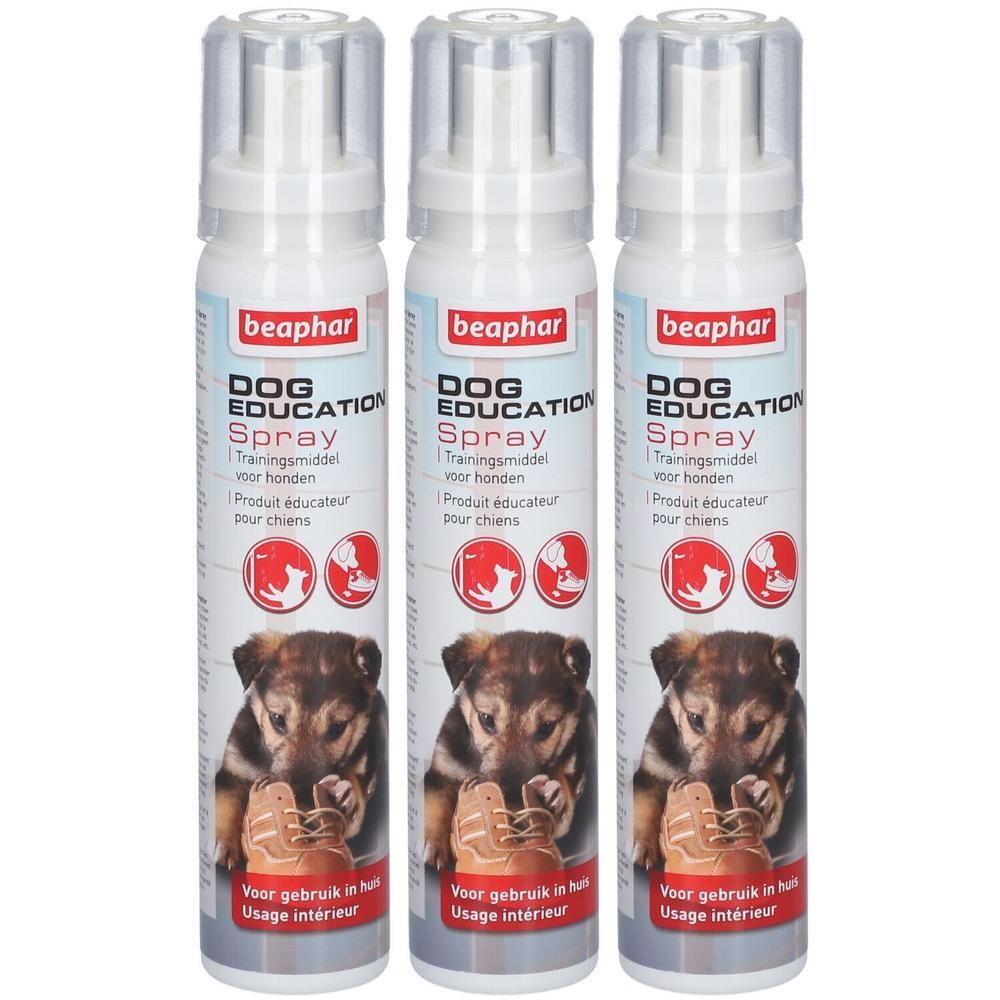Trois sprays Beaphar Dog Education avec image de chien et motif de chaussure.