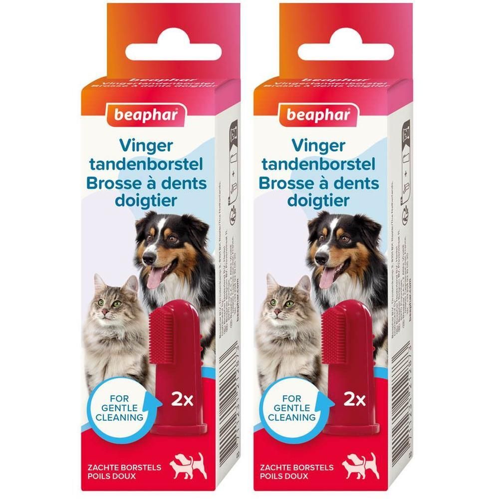 Deux brosses à doigts rouges pour le nettoyage en douceur des animaux, avec images de chat et de chien.