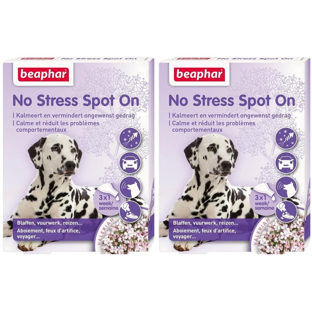 Twee verpakkingen Beaphar No Stress Spot On voor honden met een Dalmatiër afbeelding.