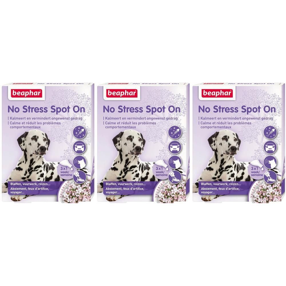 Drie verpakkingen Beaphar No Stress Spot On voor honden met dalmatiër afbeelding.