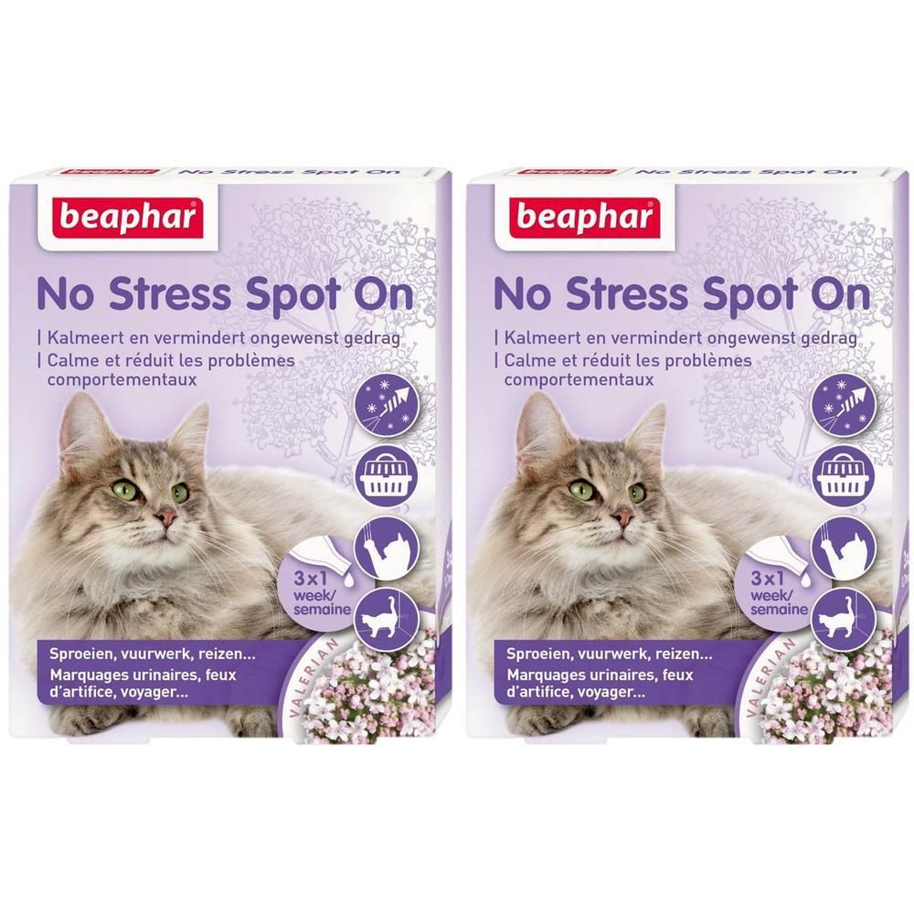 Beaphar No Stress Spot On pour chats : Deux boîtes avec motif de chat et icônes d'application.