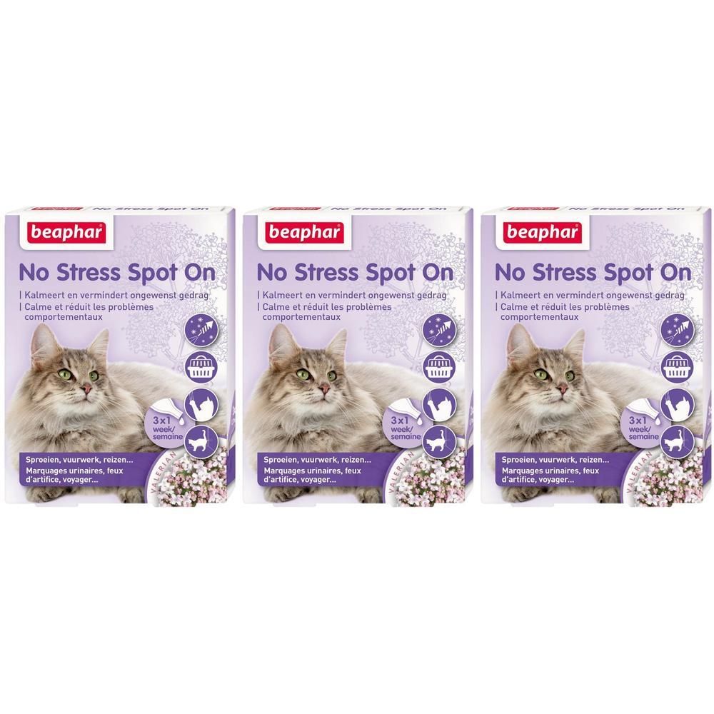 Trois boîtes Beaphar No Stress Spot On pour chats, pour un effet calmant.