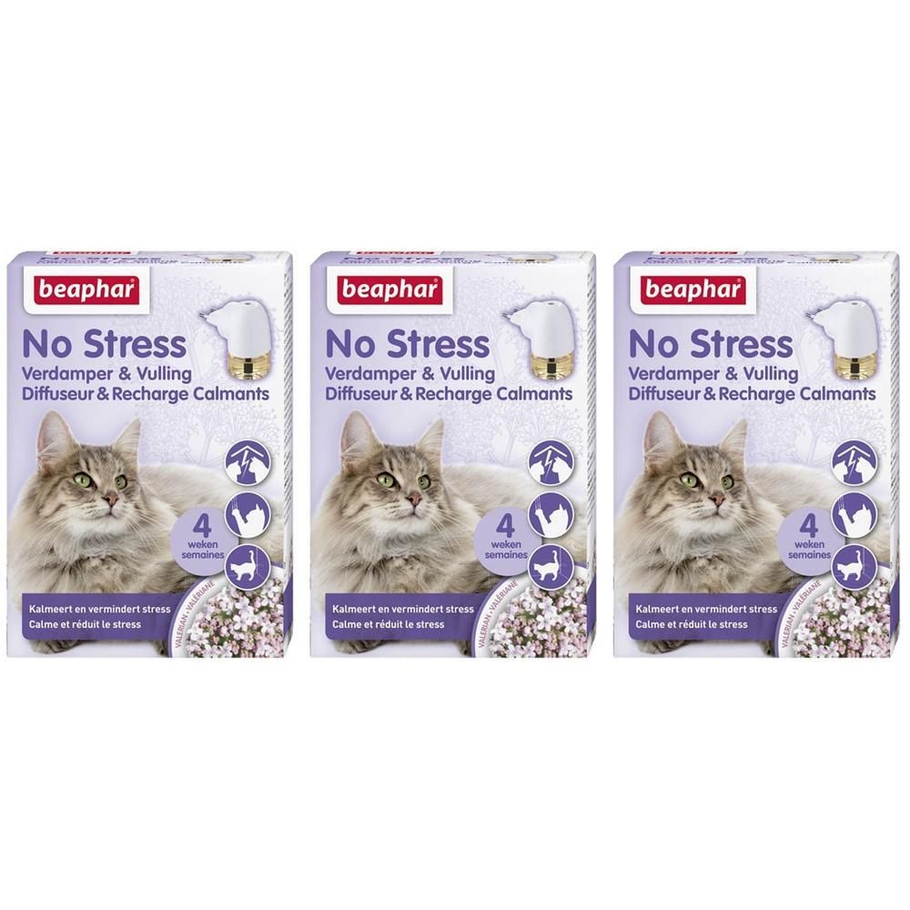 Trois paquets Beaphar No Stress Diffuseur avec image de chat. Contient 4 recharges.