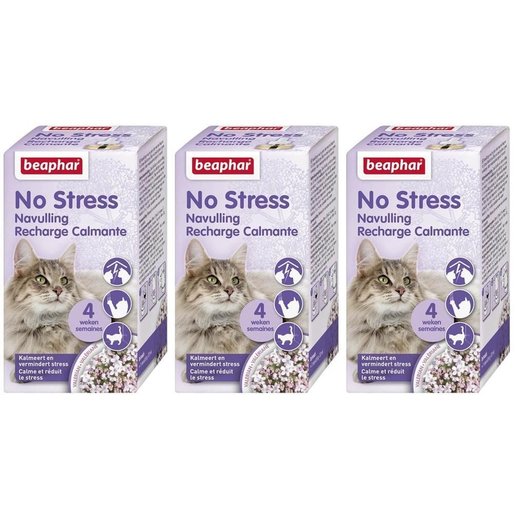 Trois boîtes Beaphar No Stress Recharge Calmante pour chats, avec image de chat et symboles.