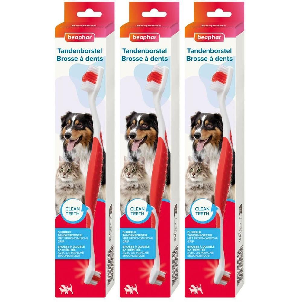 Brosse à dents Beaphar avec manche rouge et tête blanche, pour chiens et chats.