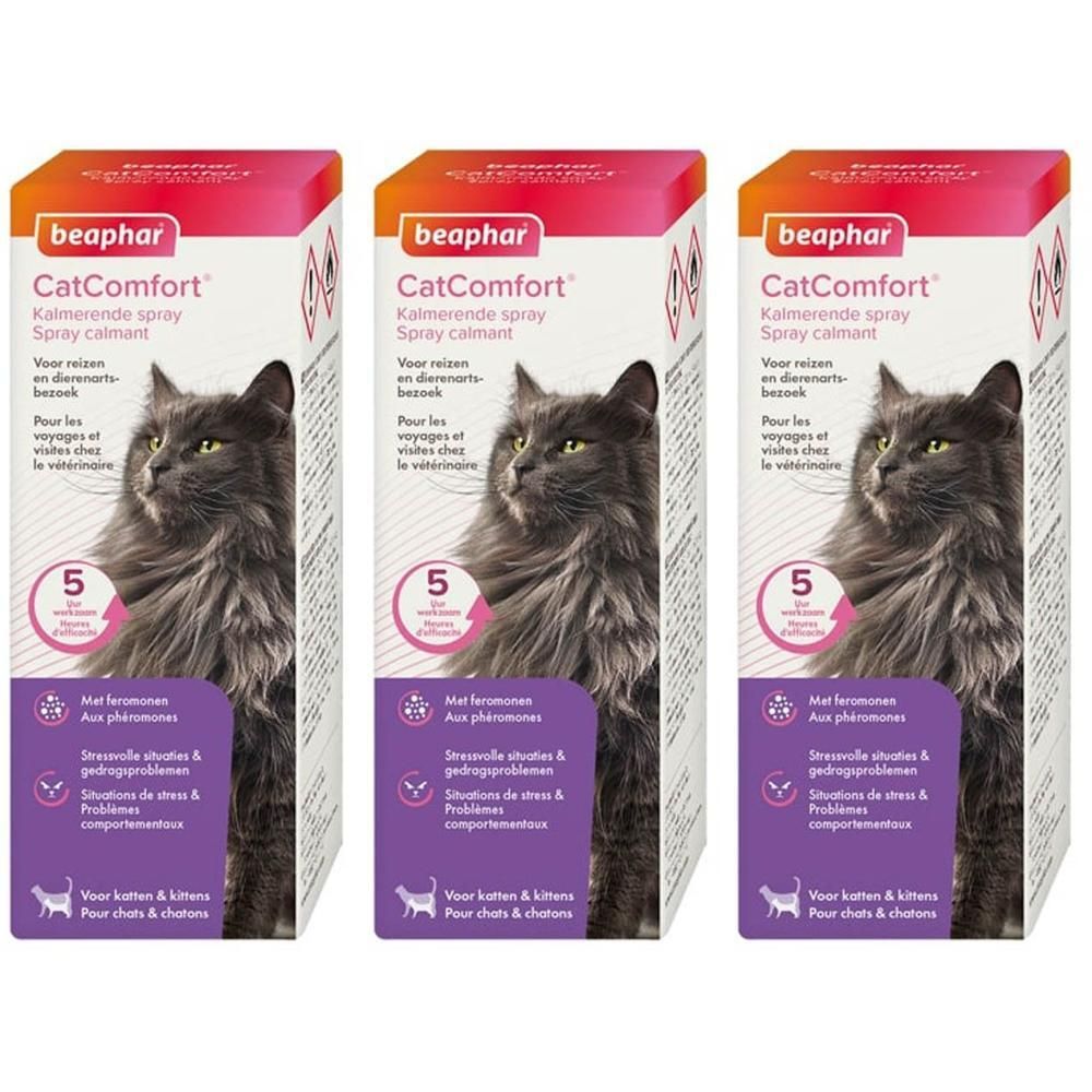 Trois sprays Beaphar CatComfort avec image de chat. Pour chats et chatons.