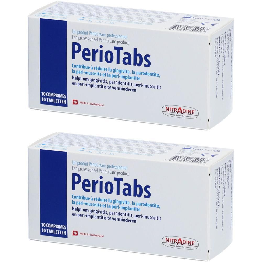 Twee pakken PerioTabs, elk met 10 tabletten. Gemaakt in Zwitserland.
