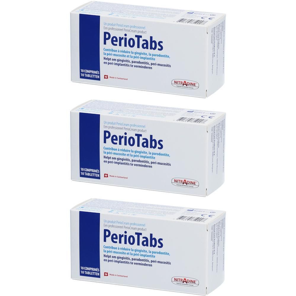 Drie pakken PerioTabs, 16 tabletten per pak. Bevat NitaDine.