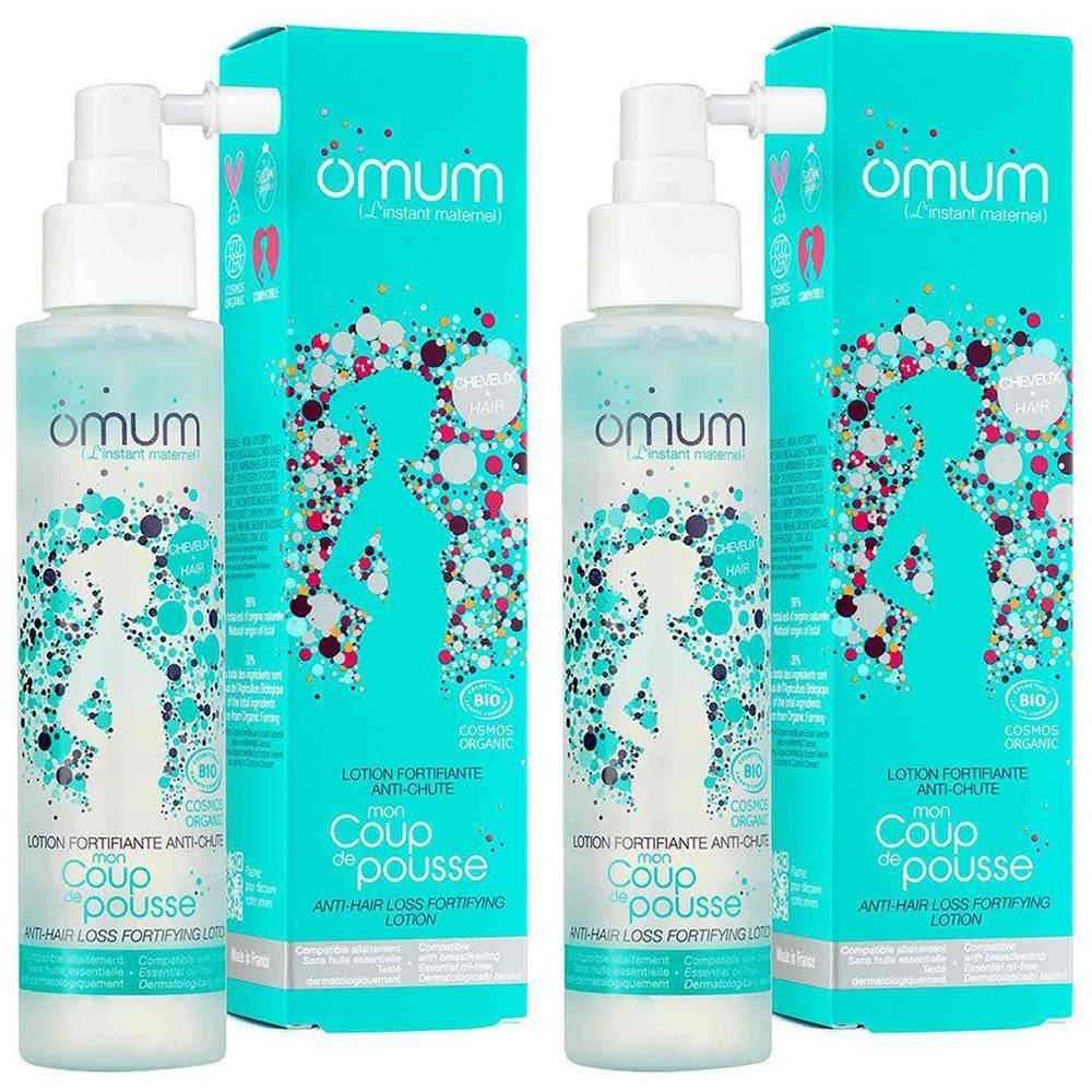 Twee flacons Omum Lotion Fortifiante Anti-Chute Bio met dispensers en doosjes.