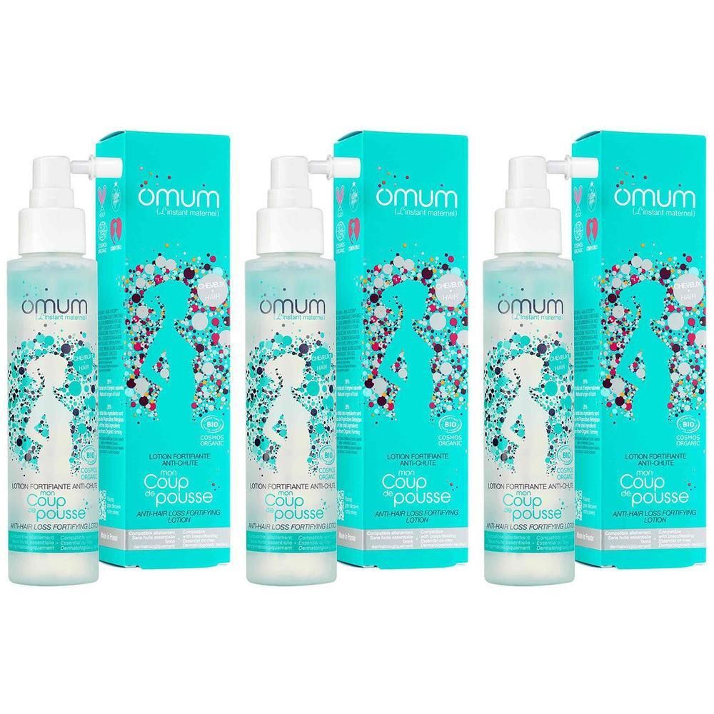 Trois flacons de Lotion Fortifiante Anti-Chute Bio Omum avec leurs boîtes.