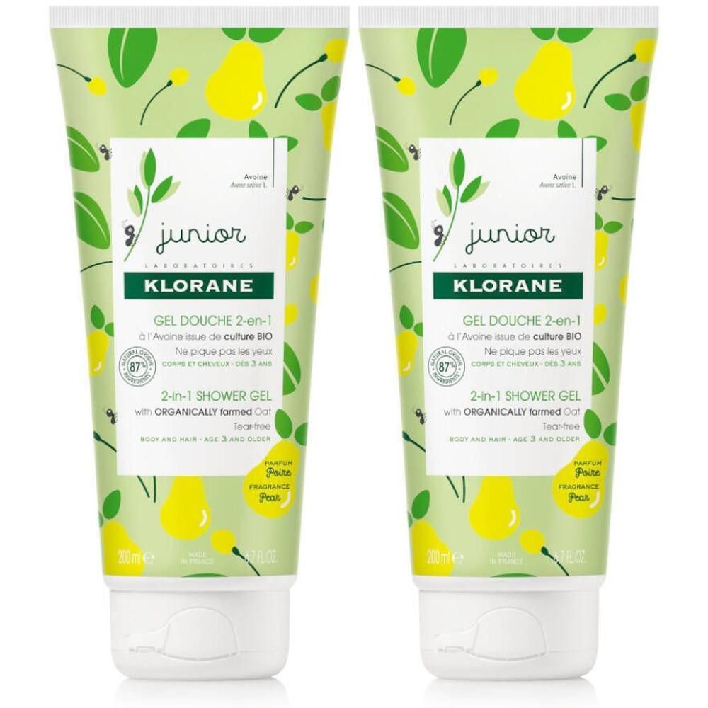 Deux gels douche Klorane Junior 2-en-1 Corps & Cheveux parfum Poire.