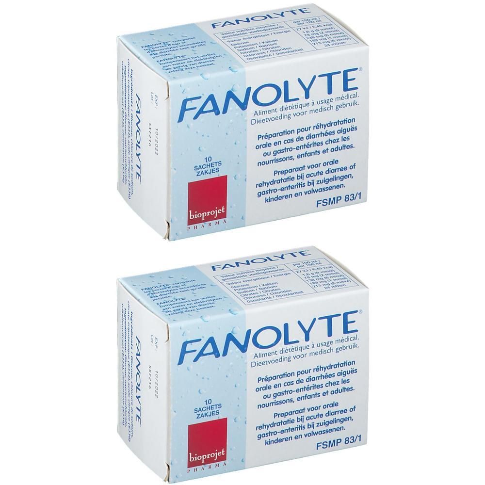 Deux boîtes de Fanolyte, chacune contenant 10 sachets. Emballage cartonné avec informations produit.