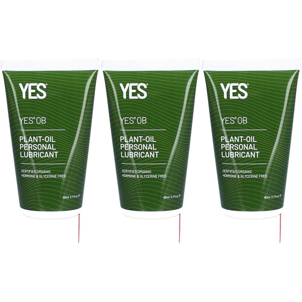 Drie tubes Yes OB glijmiddel op plantaardige oliebasis, gecertificeerd biologisch, hormoon- en glycerinevrij.