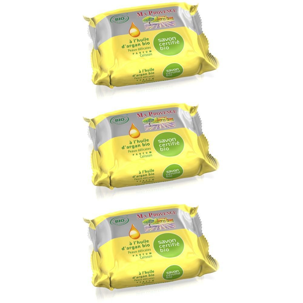 Trois savons bio à l'huile d'argan emballés. Emballage jaune avec des accents verts et gris.